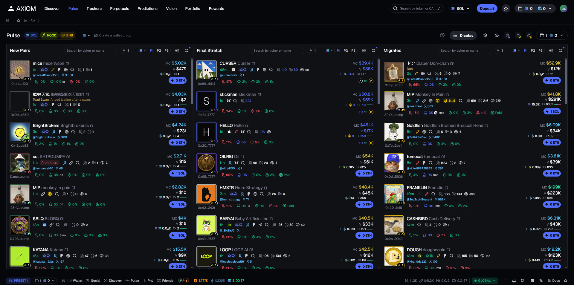 Axiom Solana trading interface with Pulse dashboard, new token discovery feed, and memecoin trading tools