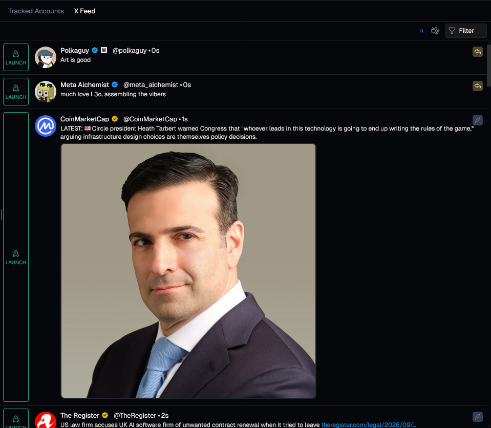 Terminal CT Tracker X Feed panel showing tracked Crypto Twitter accounts and live memecoin launch posts
