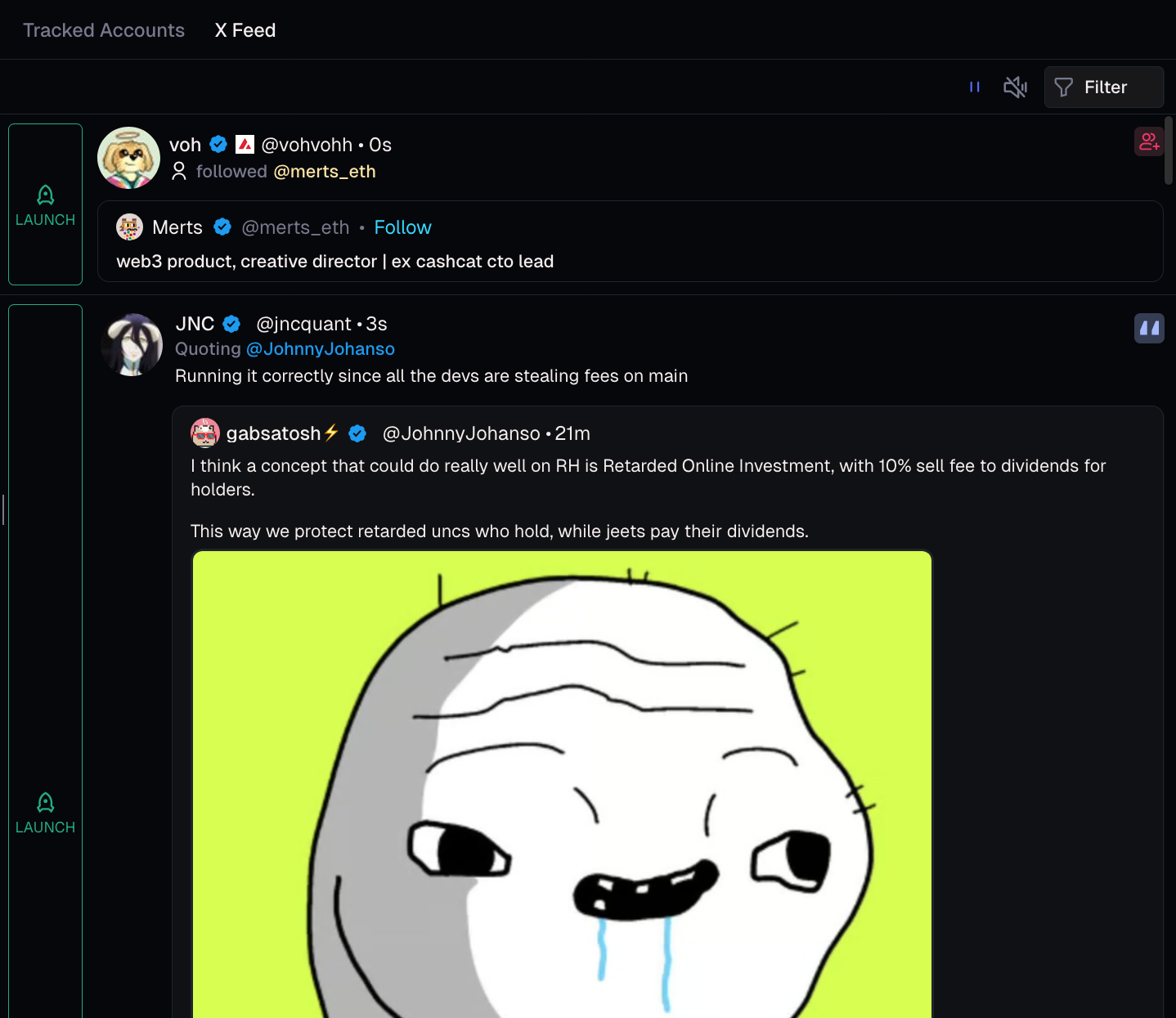Terminal CT Tracker live X Feed for Solana memecoin trading bot users, featuring crypto Twitter signals, Pump.fun launch alerts, trending memecoin posts, and real-time trading context.
