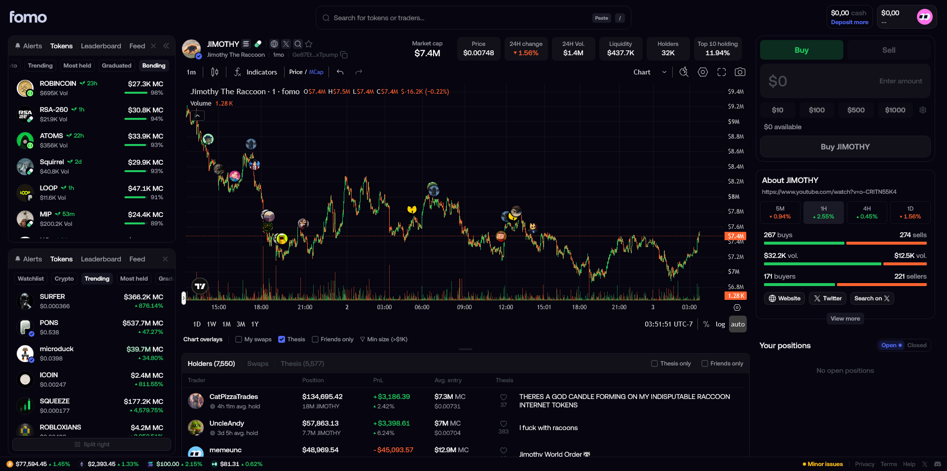 FOMO Pump.fun trading interface with Solana memecoin chart, social trading dashboard, token analytics, and live market data